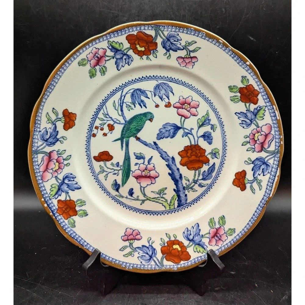 Antique Booth's Silicone Polychrome‎ Dinner Plate Bird Parrot 10